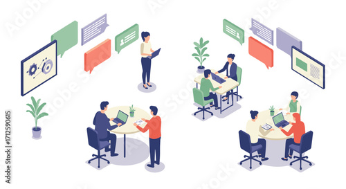 Collaborative office environment with diverse teams and digital communication in isometric design
