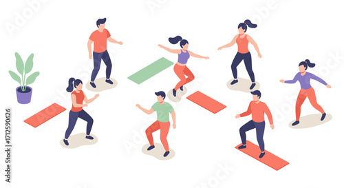 Group fitness workout with diverse people in isometric style on yoga mats