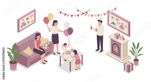 Cozy family celebration in isometric style with balloons and gifts by the fireplace