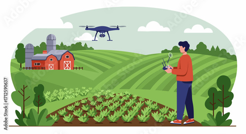 Drone farming in agriculture showing man operating unmanned aerial vehicle over field. Drone technology application provides farmers with high-quality agricultural solutions,