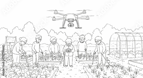 Cartoon community garden features diverse gardeners tending raised garden beds, overseen by a modern drone. Community garden is an illustration of people of different ages working together,