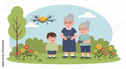 Grandmothers operating drone with grandson in park, demonstrating generational tech usage. Grandmothers learning new technology and operating modern drone in nature with cheerful grandson.