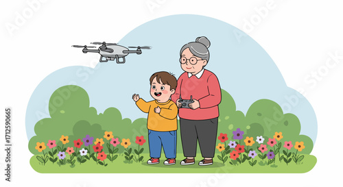 Boy and grandmother play with drone together, learning new technology. Family flying drone toy in garden or park setting, grandparents spending time with kid in nature for holidays and fun.