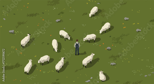 Sheep herd grazes on green pasture with rancher tending, creating peaceful pastoral scene. Sheep herd shown from above highlights flock with rancher looking after animals.