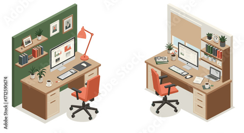 Cozy isometric office desks with modern technology and minimalist decor