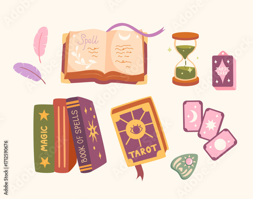 Cute collection or magical and mystical elements in purple, green, pink colours. Book of spells, tarot cards, feather, hourglass. Pastel tones and cosy witchy aestethic. For stickers, poster, card