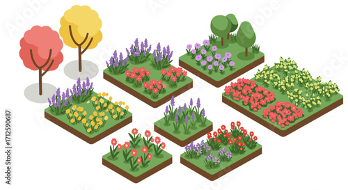 Isometric garden layout with diverse flower beds and trees for landscape design