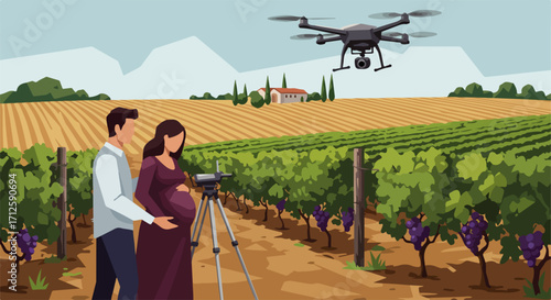 Pregnant couple near vineyard being filmed by drone, a memorable occasion, capturing anticipation. Pregnant couple anticipates arrival of their child in video,