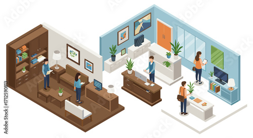 Modern isometric office interior with professionals collaborating and working