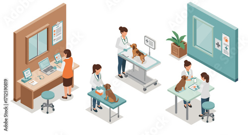 Isometric veterinary clinic scene with veterinarians and dogs in examination rooms