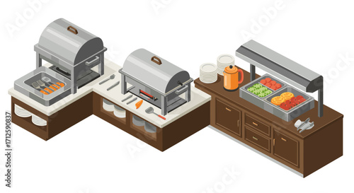 Isometric banquet setup with chafing dishes and buffet ingredients for event catering