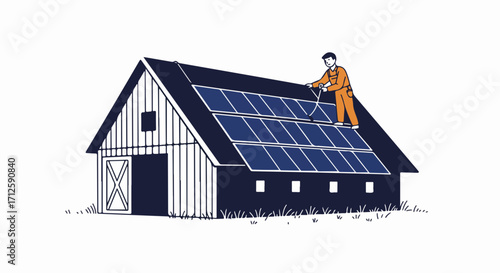 Solar panels on barn for sustainable power generation, showing solar panels neatly installed by worker. Worker installing solar panels on barn,
