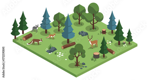 Isometric woodland scene with wildlife and trees in a forest clearing