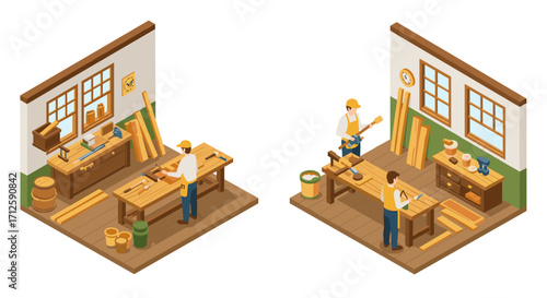 Isometric workshop scene with carpenters crafting furniture in a woodworking shop environment
