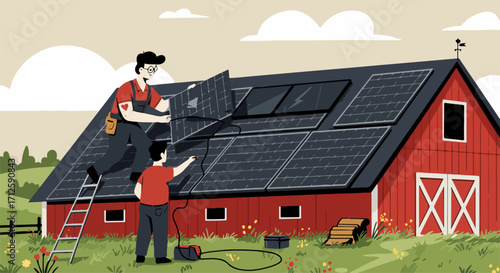 Installing solar panels atop rural barn, two installers are installing solar panels for clean energy. Installation process includes tools and battery pack for efficiency.