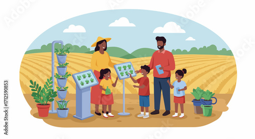Family farm day showing mother, father, son, and daughters at an outdoor exhibit on sustainable agriculture. Concept family farm shows an exhibit on eco friendly practices.