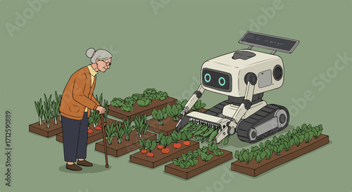 Gardening robot illustration showing robotic automation with elderly woman in vegetable garden. Robotic automation concept for smart agriculture assists senior citizens in growing food.