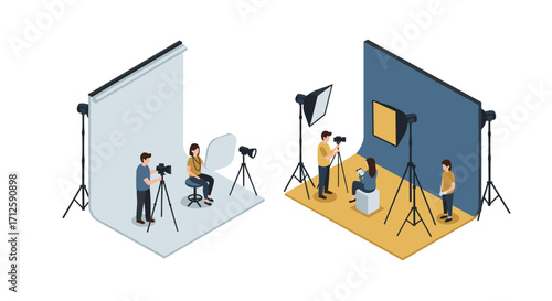 Isometric photography setup with professional studio equipment and models