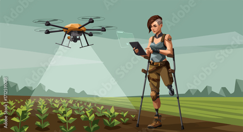 Using agriculture drone for field monitoring, farmer with tablet monitors field with precision farming drone. Precision farming methods provide detailed crop analysis.
