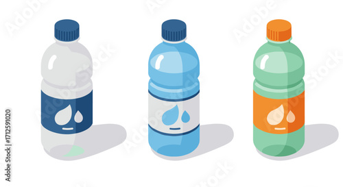 Isometric water bottles with colorful labels and lids in a row