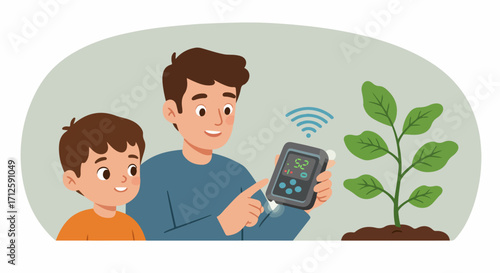 Father son gardening shows growth monitoring on digital tablet. Father son gardening illustrates how technology helps track plant health and development.