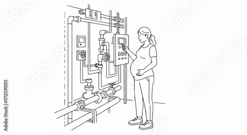 Pregnant woman operating control panel in factory, illustration shows an expectant mother making adjustments at industrial control panel, showcasing manufacturing environment.