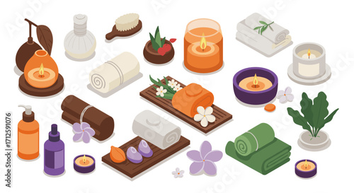 Spa relaxation essentials with aromatherapy candles and towels in isometric style