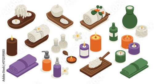 Isometric spa elements with candles and essential oils for relaxation and aromatherapy