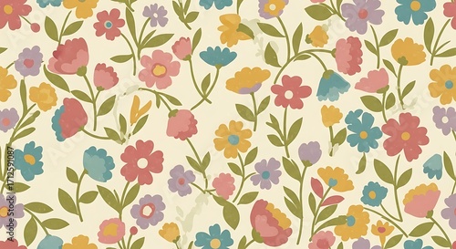 Floral Pattern with Pastel Colors and Green Leaves.