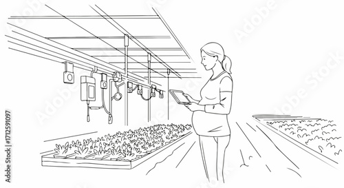 Pregnant woman with tablet inside greenhouse sketch illustration, checking plants. Inside greenhouse, female is analyzing hydroponics data with digital tablet.