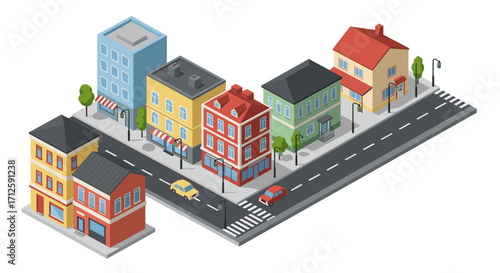 Isometric cityscape with colorful buildings and streets