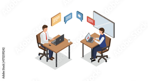 Isometric office collaboration: two professionals engaged in virtual communication at desks