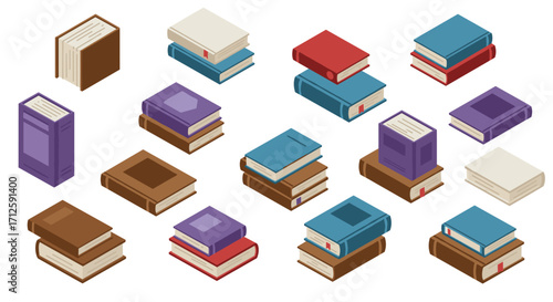 Isometric books set: colorful stacked books collection for library and education themes