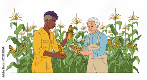 Two farmers inspecting corn crop, assessing harvest. Farmers collaborating on quality of the harvest, examining corn cobs in field. Illustrative work Farmers collaborate, assessing the harvest,