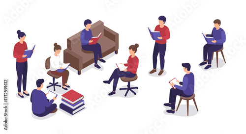 Isometric study group reading scene with diverse people in a modern setting