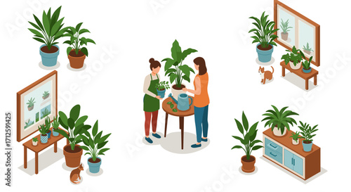Isometric indoor gardening scene with potted plants and people