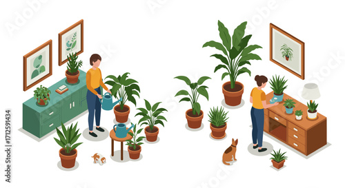 Isometric home gardening: woman tending houseplants with pets