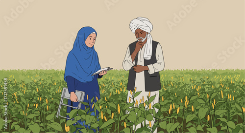 Farmers on field, woman with clipboard and man in turban observe harvest, assessing crop health. Farmers consulting on agricultural field,