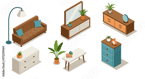 Modern isometric furniture design collection with plants and accessories