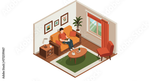 Cozy living room with mid-century modern decor featuring a man relaxing on a sofa with a cat