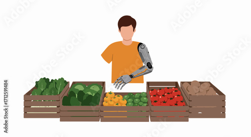 Person with robotic arm selling fresh produce at farmers market with wooden boxes. This farmers market scene shows varied vegetables like tomatoes, potatoes, and lettuce.