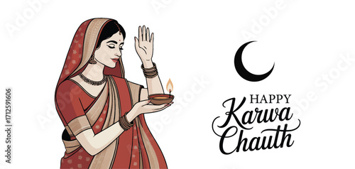 Traditional Indian woman holding lamp and plate during Karwa Chauth ritual with crescent moon, celebrating marital devotion and culture