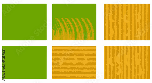 Geometric agricultural patterns, including a corn field, create a visually appealing presentation. Agricultural patterns on farmland showcase stylized farming, and stylized farming,