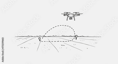 Drone footage shows drone flight path over cultivated land with location pins. Drone flight represents technological advancements and aerial innovation for agricultural precision.
