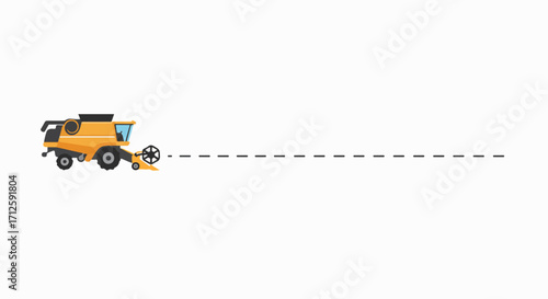 Yellow combine harvester making dotted line, simple farm machine leaves dashed path. Combine harvester working, creating visual metaphor for progress.
