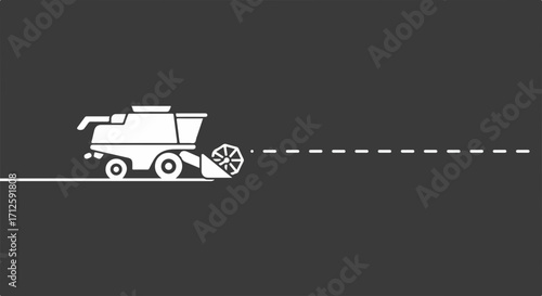 Simple harvester driving leaving a dotted line on dark gray. Harvester conveys agriculture, farming, and harvesting to an audience. Agriculture is essential for food production,