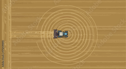 Aerial farm scene with tractor on agricultural land. Farm scene shows plowing circles in field, creating a striking pattern. Farm scene imagery suitable for illustrating sustainable farming practices.