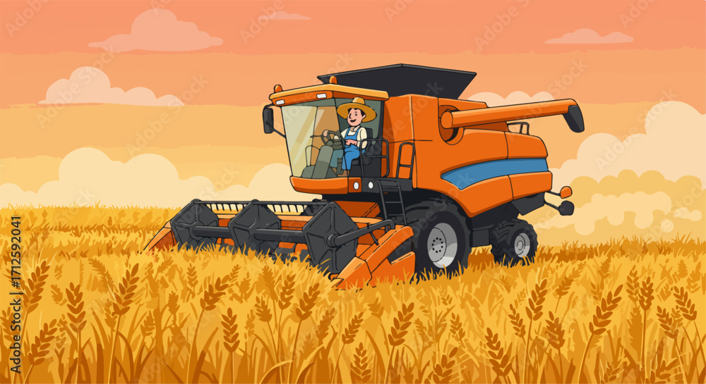 Fototapeta premium Cartoon combine harvester working in field landscape, cartoon combine harvester is reaping wheat. Cartoon combine harvester is ideal for explaining seasonal harvest.