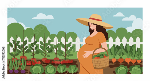 Pregnant woman gardening among ripe vegetables, a bountiful harvest. Pregnant woman with a basket of fresh produce, showcasing her gardening skills and love for nurturing life. Capture moment,