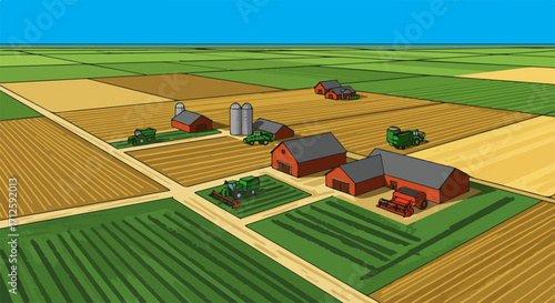 Farm illustration displaying buildings, tractors, and cultivated fields. This vibrant farm scene showcases agricultural infrastructure alongside equipment and rows of farmland.